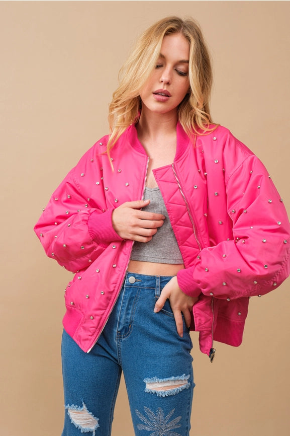 Rhinestone Embellished Padded Nylon Bomber Jacket-Jacket-Blue B-S-HOT PINK-Urbanheer