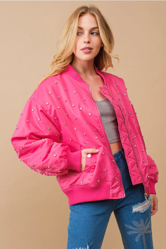 Rhinestone Embellished Padded Nylon Bomber Jacket-Jacket-Blue B-S-HOT PINK-Urbanheer