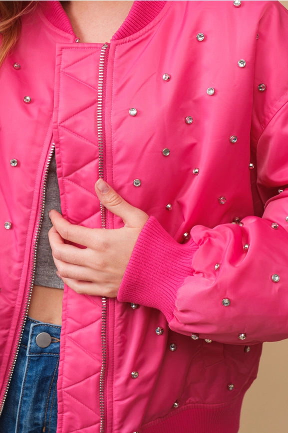 Rhinestone Embellished Padded Nylon Bomber Jacket-Jacket-Blue B-S-HOT PINK-Urbanheer
