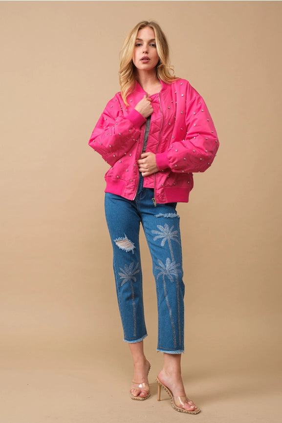 Rhinestone Embellished Padded Nylon Bomber Jacket-Jacket-Blue B-S-HOT PINK-Urbanheer