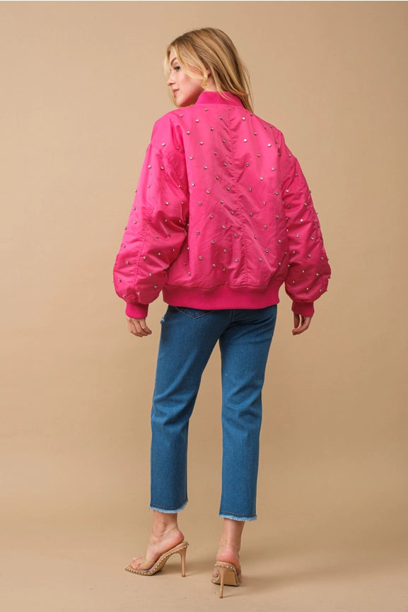Rhinestone Embellished Padded Nylon Bomber Jacket-Jacket-Blue B-S-HOT PINK-Urbanheer