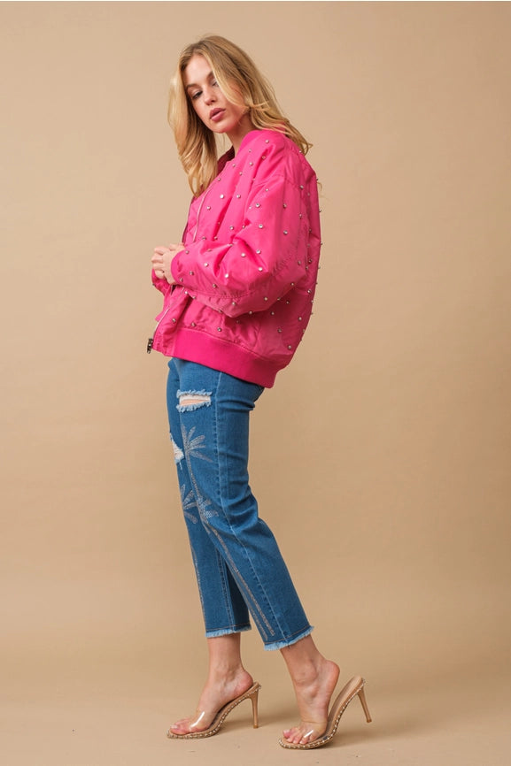 Rhinestone Embellished Padded Nylon Bomber Jacket-Jacket-Blue B-S-HOT PINK-Urbanheer