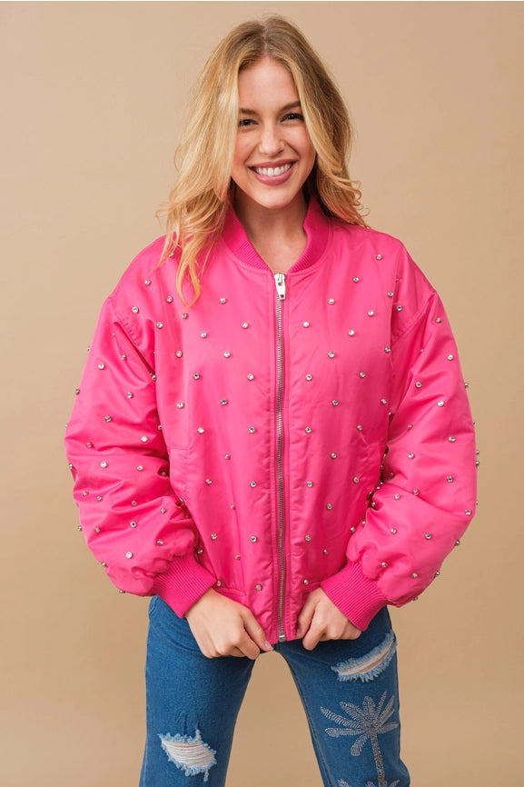 Rhinestone Embellished Padded Nylon Bomber Jacket-Jacket-Blue B-S-HOT PINK-Urbanheer