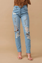 Rhinestone Embellishment W/ Embroidered Jeans-Jeans-Blue B-S-MED WASH-Urbanheer