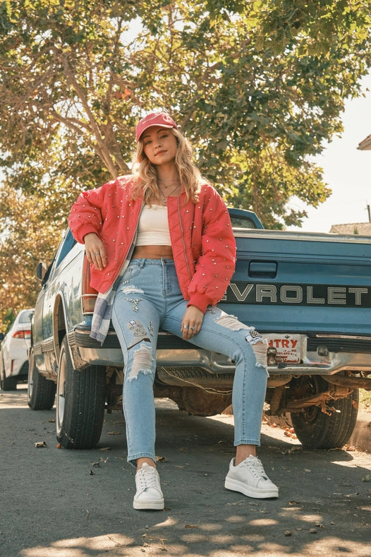 Rhinestone Embellishment W/ Embroidered Jeans-Jeans-Blue B-S-MED WASH-Urbanheer