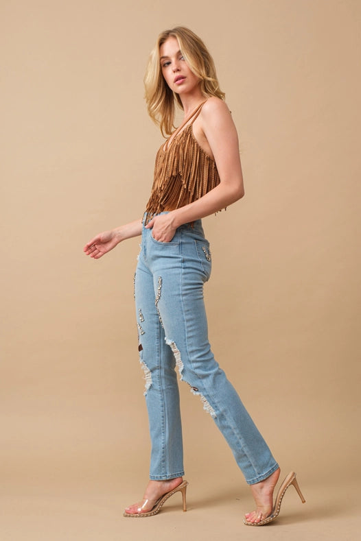 Rhinestone Embellishment W/ Embroidered Jeans-Jeans-Blue B-S-MED WASH-Urbanheer