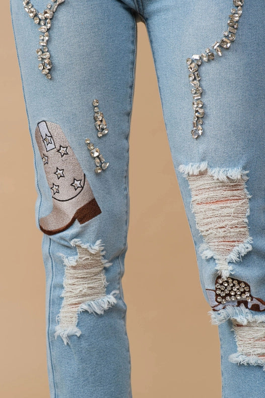Rhinestone Embellishment W/ Embroidered Jeans-Jeans-Blue B-S-MED WASH-Urbanheer