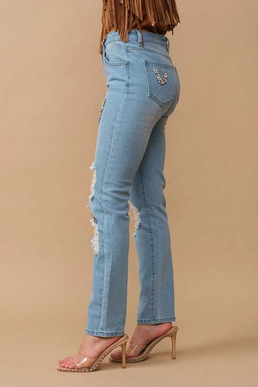 Rhinestone Embellishment W/ Embroidered Jeans