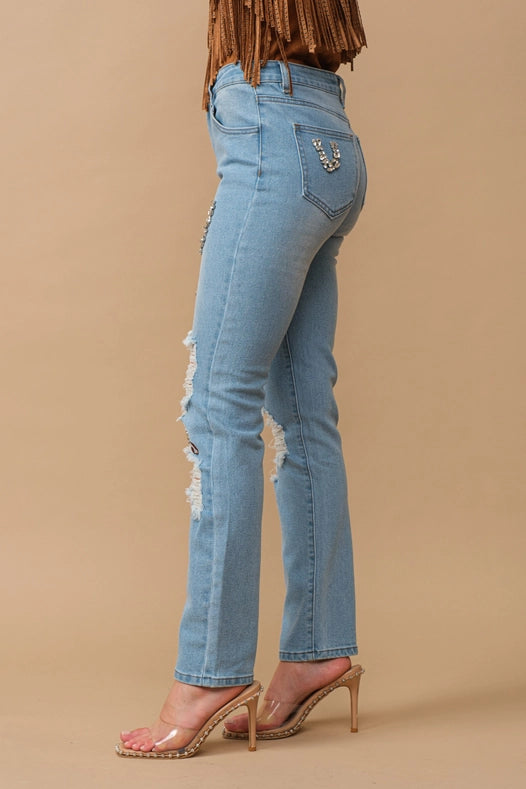Rhinestone Embellishment W/ Embroidered Jeans-Jeans-Blue B-S-MED WASH-Urbanheer