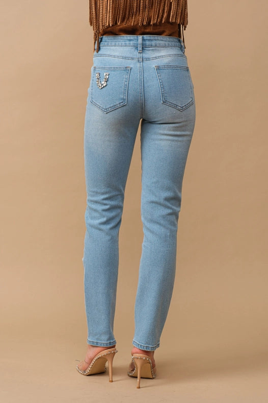 Rhinestone Embellishment W/ Embroidered Jeans-Jeans-Blue B-S-MED WASH-Urbanheer