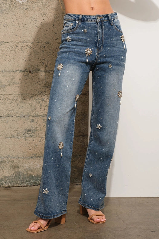 Rhinestone Flower Embellished Stretch Denim Jeans-Jeans-Blue B-S-MED WASH-Urbanheer