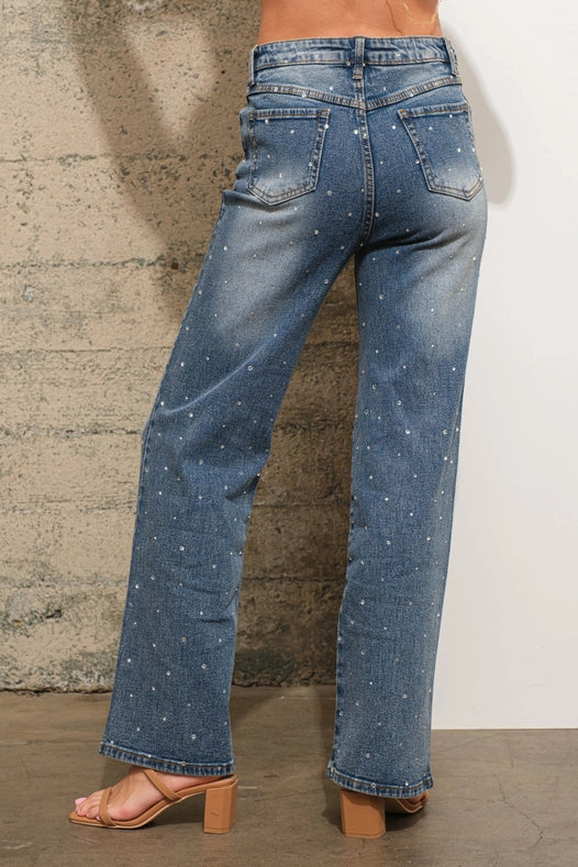 Rhinestone Flower Embellished Stretch Denim Jeans