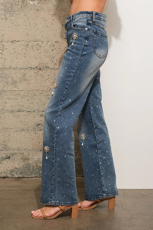 Rhinestone Flower Embellished Stretch Denim Jeans-Jeans-Blue B-S-MED WASH-Urbanheer