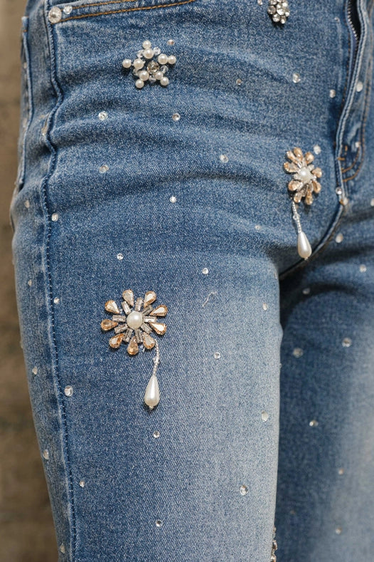 Rhinestone Flower Embellished Stretch Denim Jeans-Jeans-Blue B-S-MED WASH-Urbanheer