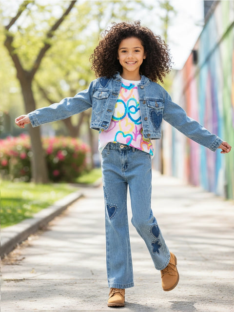 Rhinestone Shadow Heart/Flower Denim Jacket