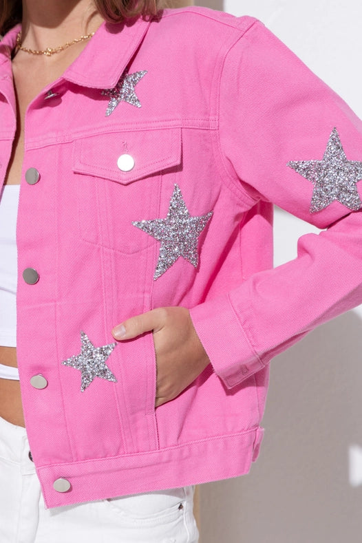 Rhinestone Stars On Denim Jacket Hot Pink-Jacket-Blue B-S-HOT PINK-Urbanheer