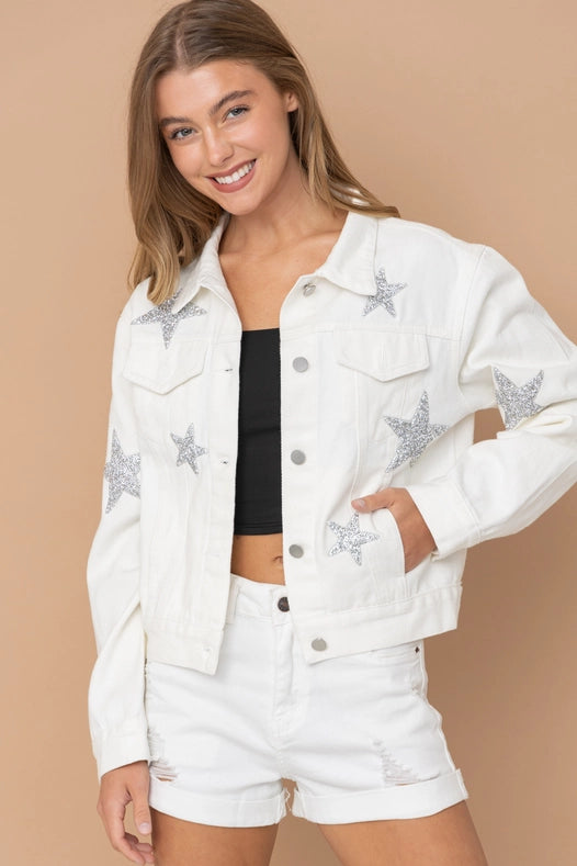 Rhinestone Stars On Denim Jacket  Off White