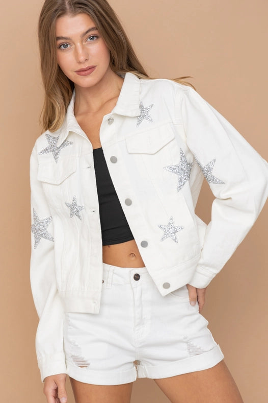 Rhinestone Stars On Denim Jacket Off White-Jacket-Blue B-S-OFF WHITE-Urbanheer