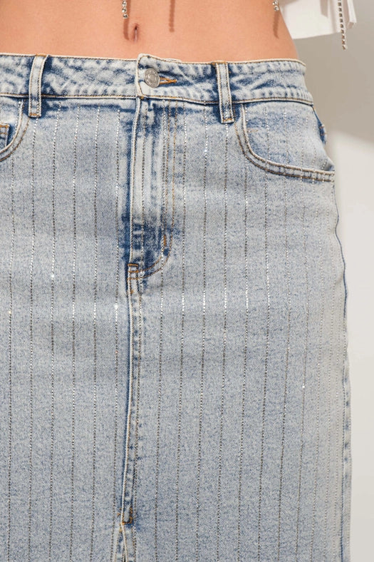 Rhinestone Studded Stripe Midi Denim Skirt LIGHT WASH-Skirt-Blue B-S-LIGHT WASH-Urbanheer
