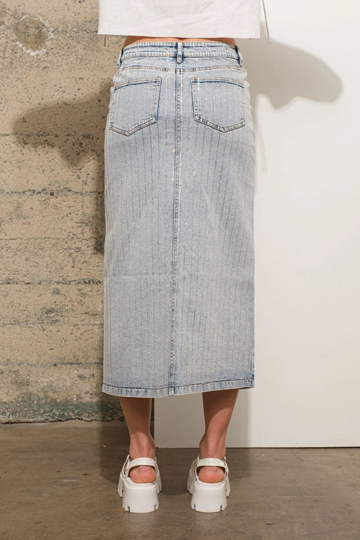 Rhinestone Studded Stripe Midi Denim Skirt LIGHT WASH-Skirt-Blue B-S-LIGHT WASH-Urbanheer