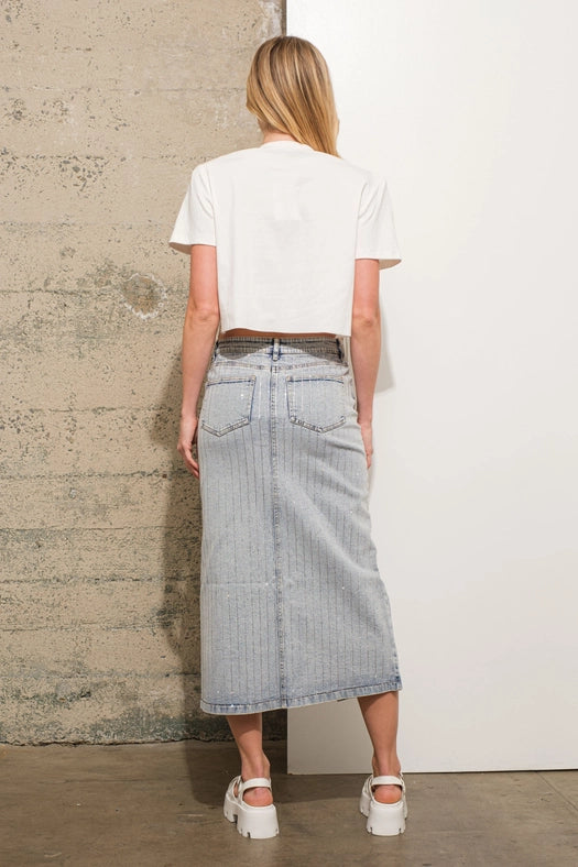 Rhinestone Studded Stripe Midi Denim Skirt LIGHT WASH-Skirt-Blue B-S-LIGHT WASH-Urbanheer