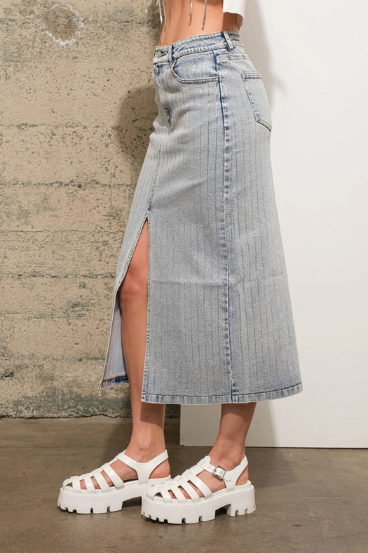 Rhinestone Studded Stripe Midi Denim Skirt LIGHT WASH-Skirt-Blue B-S-LIGHT WASH-Urbanheer