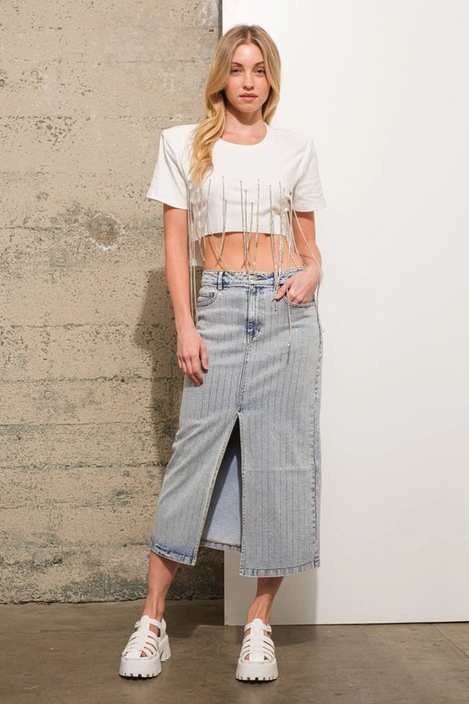 Rhinestone Studded Stripe Midi Denim Skirt LIGHT WASH-Skirt-Blue B-S-LIGHT WASH-Urbanheer
