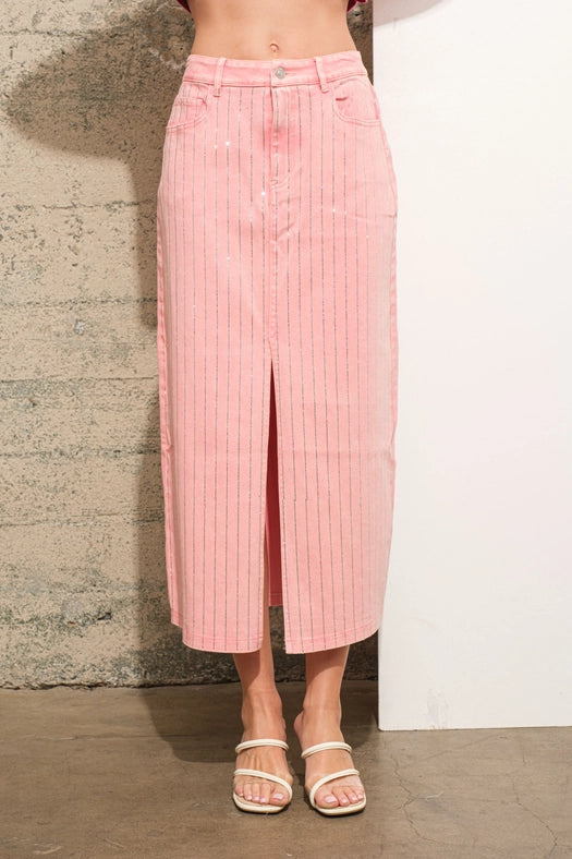 Rhinestone Studded Stripe Midi Denim Skirt PINK-Skirt-Blue B-S-PINK-Urbanheer