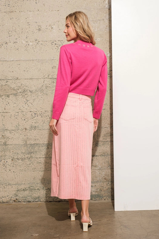 Rhinestone Studded Stripe Midi Denim Skirt PINK-Skirt-Blue B-S-PINK-Urbanheer