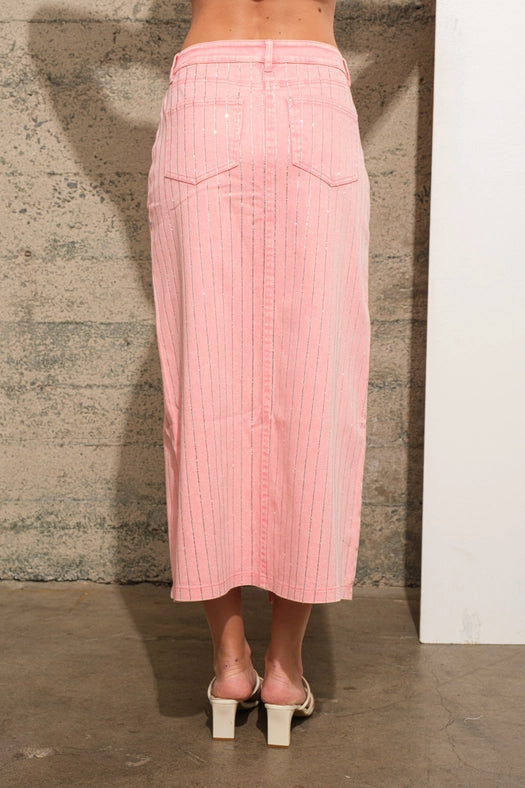Rhinestone Studded Stripe Midi Denim Skirt PINK-Skirt-Blue B-S-PINK-Urbanheer