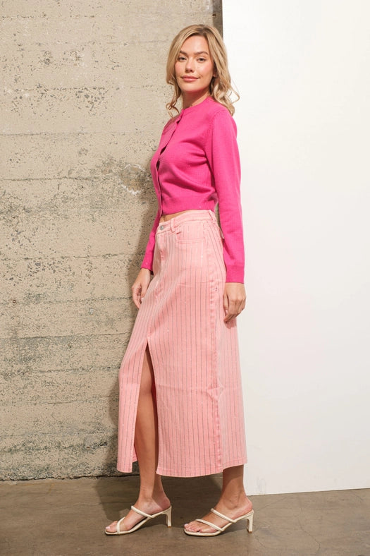 Rhinestone Studded Stripe Midi Denim Skirt PINK-Skirt-Blue B-S-PINK-Urbanheer
