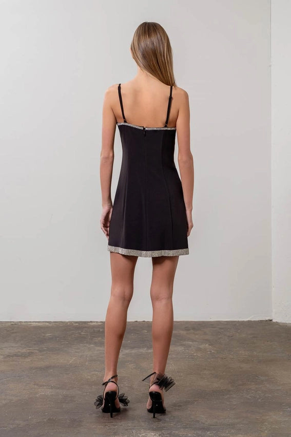 Rhinestone Trim Bow Detail Mini Dress-Dress-Moon River-XS-BLACK-Urbanheer