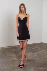 Rhinestone Trim Bow Detail Mini Dress-Dress-Moon River-XS-BLACK-Urbanheer