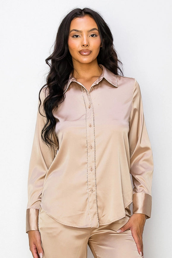 Rhinestone-Trimmed Collar Long Sleeve Blouse-BLOUSE-One n' More Inc.-S-FUSCHIA-Urbanheer