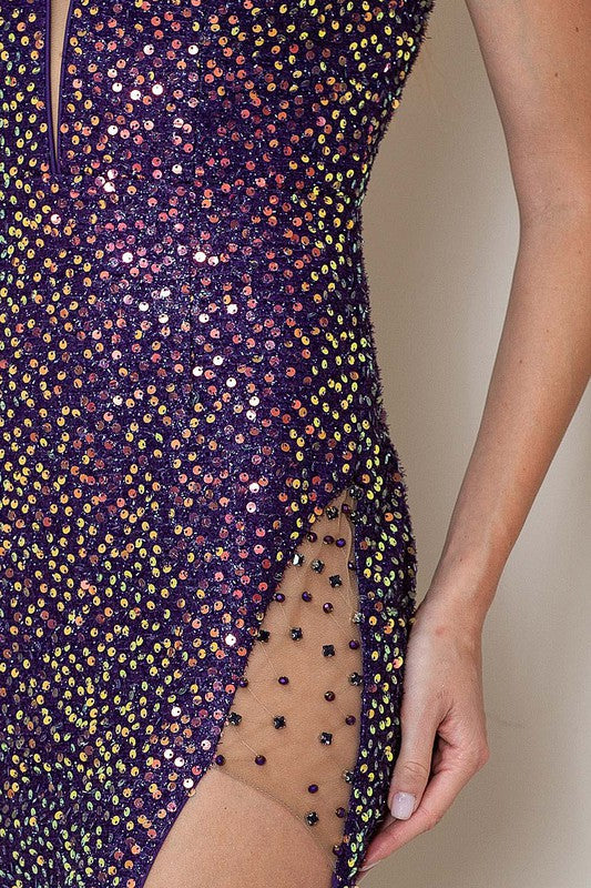 Rhinestones Side Detail Sequin Maxi Dress Purple-Dress-Maniju-S-Urbanheer