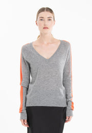 Ria 1 V-Neck Sweater with Band On the Sleeves in Light Grey/Mandarin Cashmere-Sweater-STUDIO CASHMERE8-S-light grey/mandarin-Urbanheer