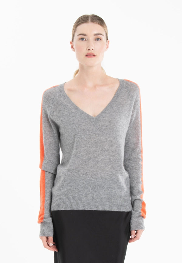 Ria 1 V-Neck Sweater with Band On the Sleeves in Light Grey/Mandarin Cashmere-Sweater-STUDIO CASHMERE8-S-light grey/mandarin-Urbanheer