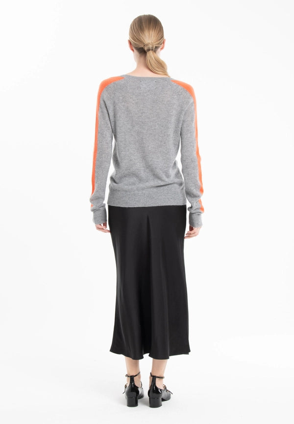 Ria 1 V-Neck Sweater with Band On the Sleeves in Light Grey/Mandarin Cashmere-Sweater-STUDIO CASHMERE8-S-light grey/mandarin-Urbanheer