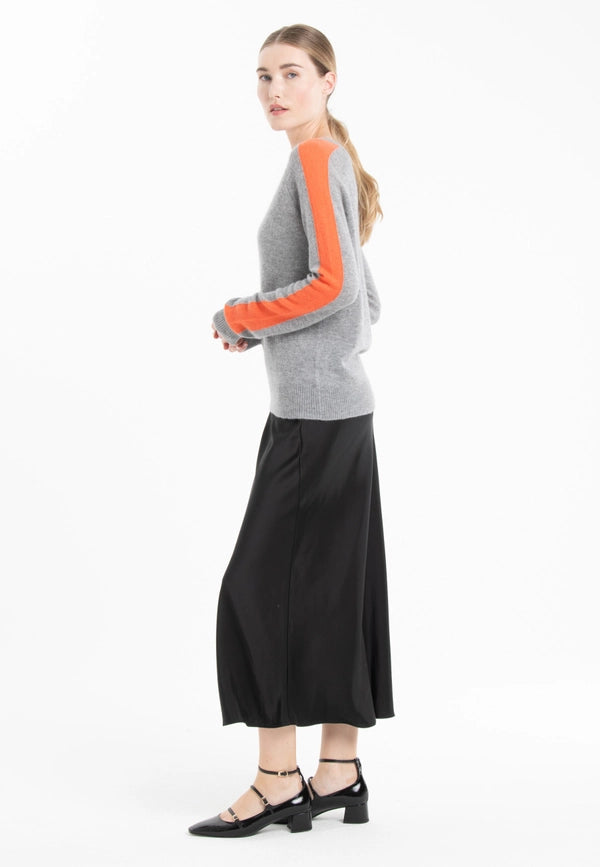 Ria 1 V-Neck Sweater with Band On the Sleeves in Light Grey/Mandarin Cashmere-Sweater-STUDIO CASHMERE8-S-light grey/mandarin-Urbanheer