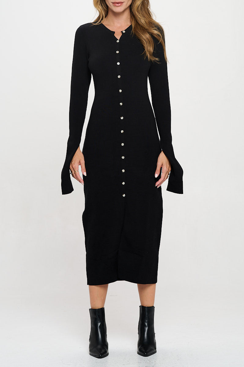 Rib Knit Maxi Dress with Buttons and Open Sleeve-Dresses-Reneecollection-Small-BLACK-Urbanheer