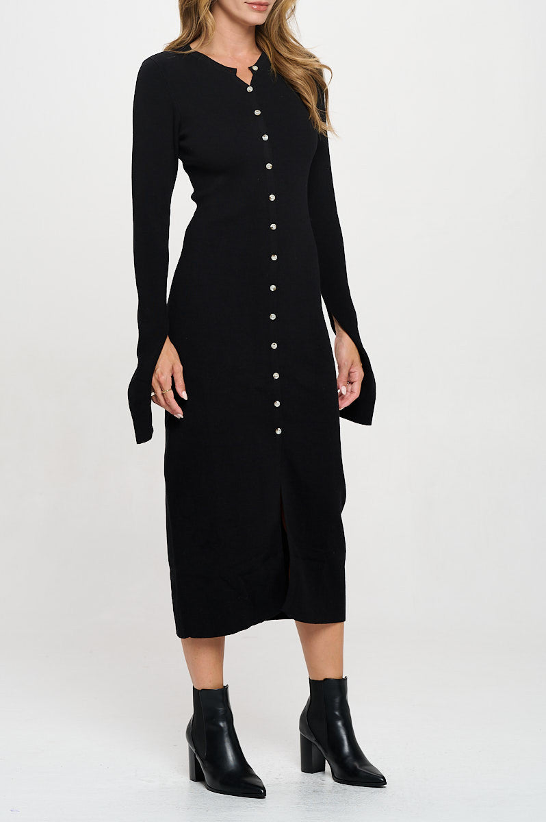 Rib Knit Maxi Dress with Buttons and Open Sleeve-Dresses-Reneecollection-Small-BLACK-Urbanheer