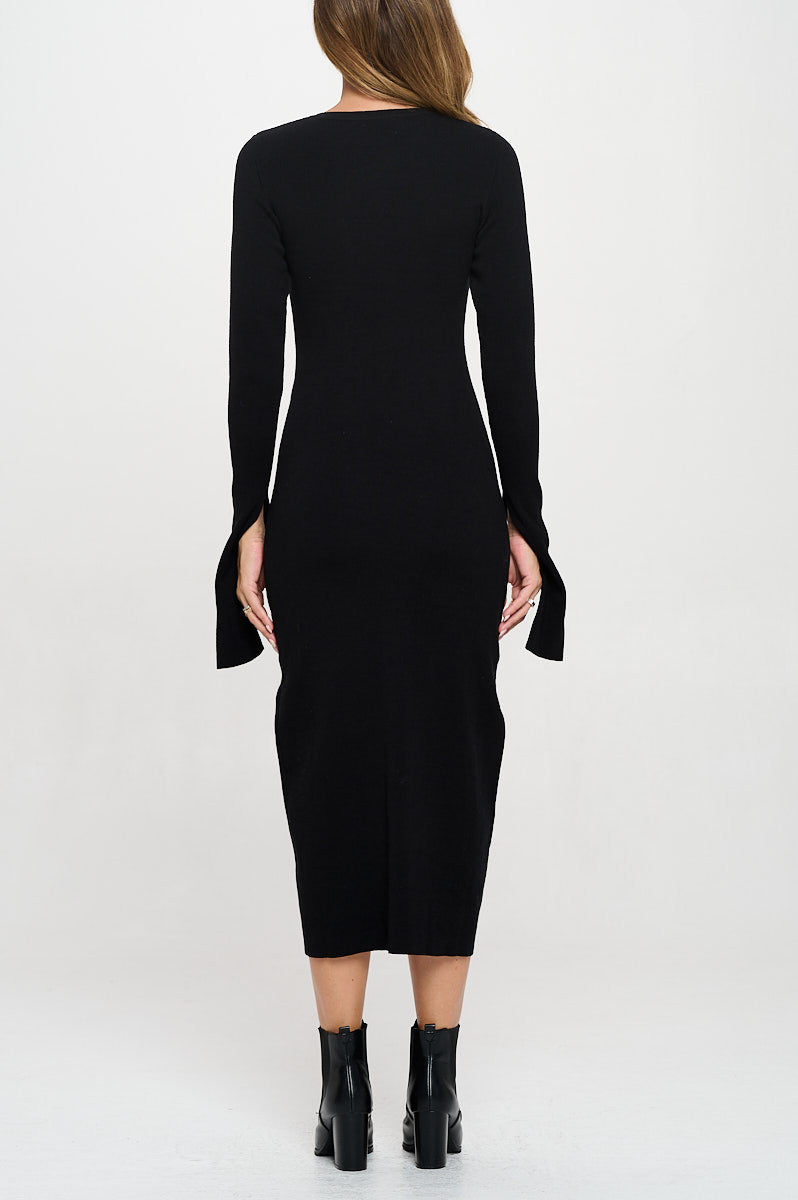 Rib Knit Maxi Dress with Buttons and Open Sleeve-Dresses-Reneecollection-Small-BLACK-Urbanheer