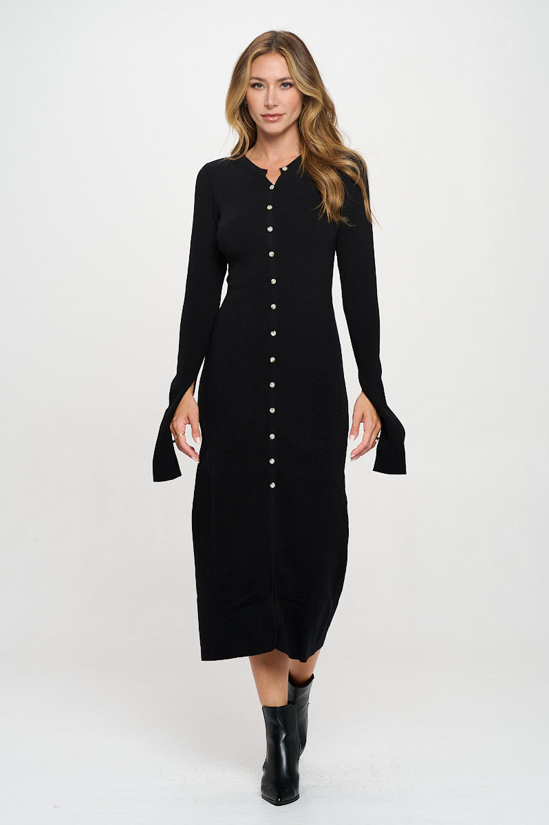 Rib Knit Maxi Dress with Buttons and Open Sleeve-Dresses-Reneecollection-Small-BLACK-Urbanheer