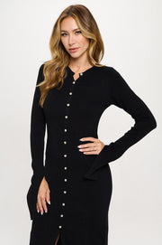 Rib Knit Maxi Dress with Buttons and Open Sleeve-Dresses-Reneecollection-Small-BLACK-Urbanheer