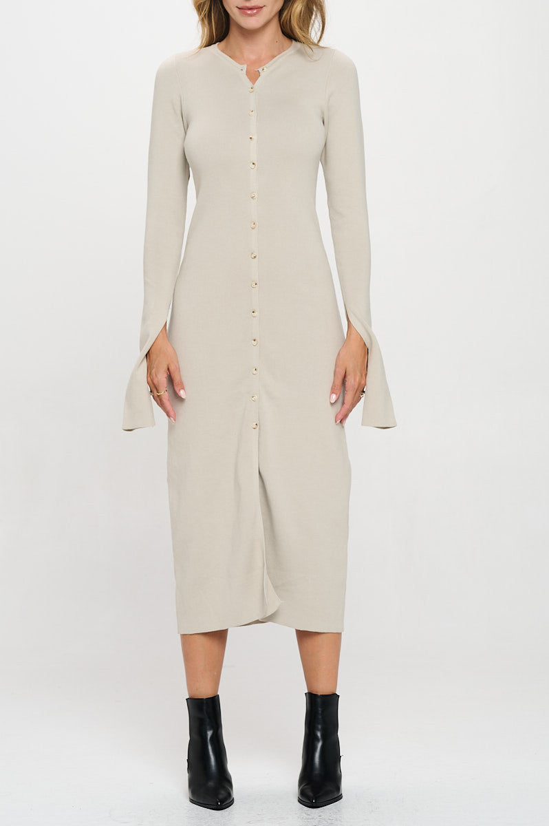 Rib Knit Maxi Dress with Buttons and Open Sleeve-New Arrival-Reneecollection-Small-OYSTER-Urbanheer