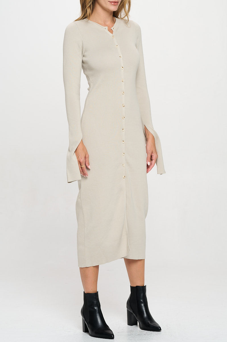 Rib Knit Maxi Dress with Buttons and Open Sleeve-New Arrival-Reneecollection-Small-OYSTER-Urbanheer