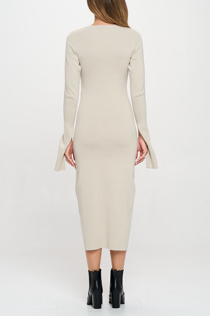 Rib Knit Maxi Dress with Buttons and Open Sleeve-New Arrival-Reneecollection-Small-OYSTER-Urbanheer