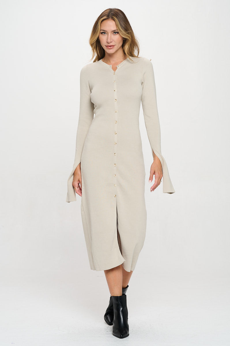 Rib Knit Maxi Dress with Buttons and Open Sleeve-New Arrival-Reneecollection-Small-OYSTER-Urbanheer