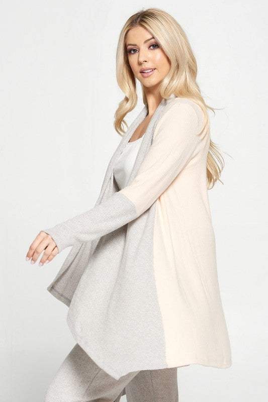 Rib Open Draped Cardigan With Color Block Sleeve-Cardigan-Renee C.-M-PINK/GREY-Urbanheer