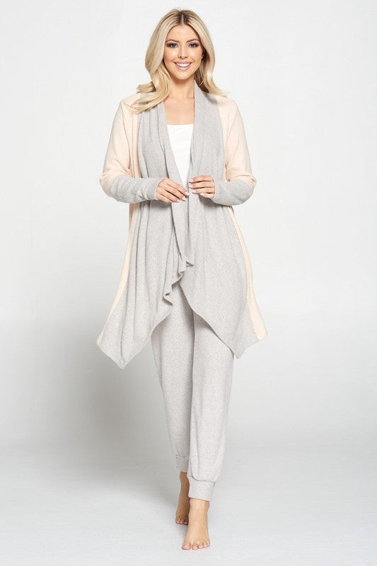 Rib Open Draped Cardigan With Color Block Sleeve-Cardigan-Renee C.-M-PINK/GREY-Urbanheer